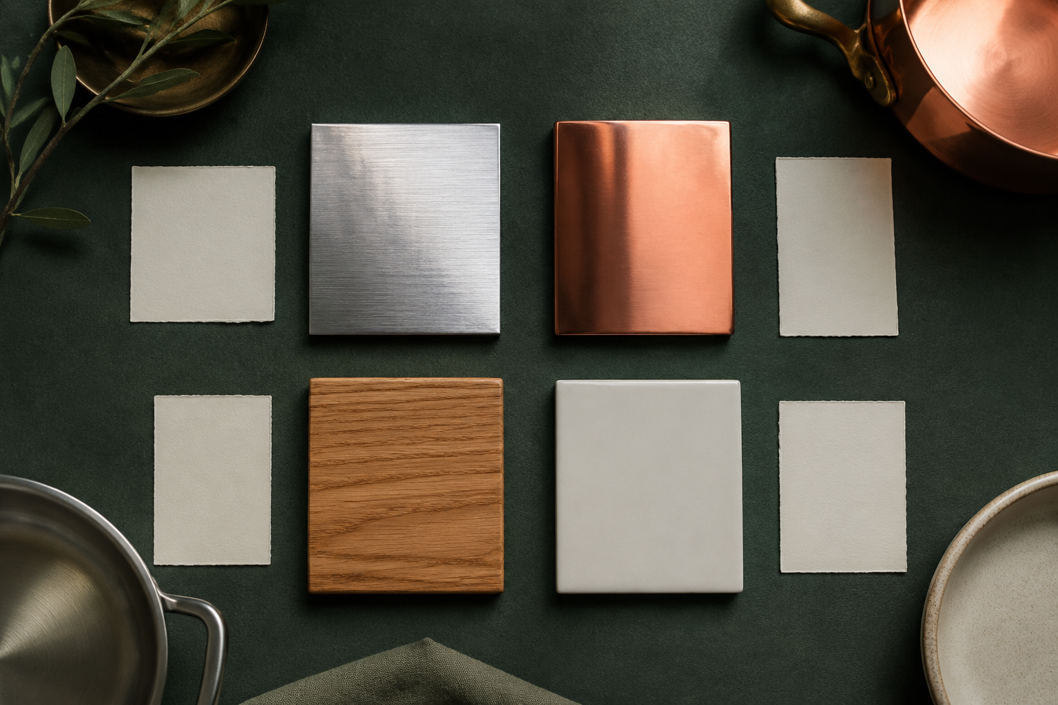 A cookware material selection board with steel, copper, wood and ceramic swatches